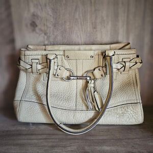 Vintage Coach Pebbled Hampton Carryall Braided Handbag Yellow Beige Leather